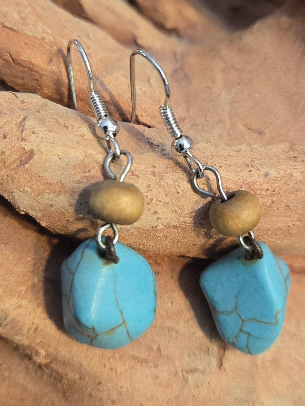 Turquoise Drop Earrings with Wooden Bead Accent - Women Jewelry